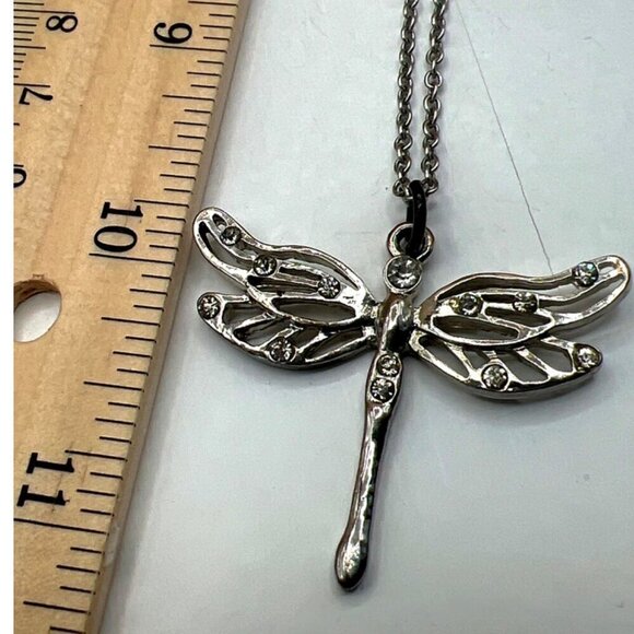 Silver Tone Dragonfly Pendant Necklace With Rhinestones    M75 - Picture 8 of 8